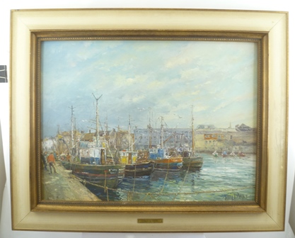 TRUDY DOYLE "Alongside the Barbican, Plymouth", moored fishing boats and figures, Oil painting on