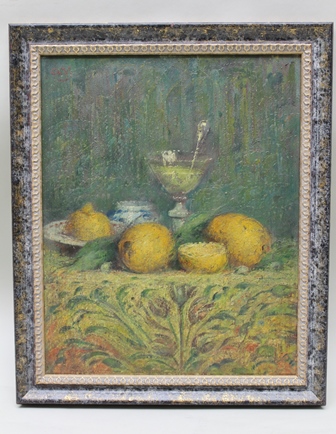 AFTER ALFRED VERHAEREN Still Life of Fruit and Glass on a decorative table cloth, Oil on panel