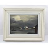 FRANK JAMESON "Cornish Fishing Boat", 19th century Oil on board, 24cm x 34cm in white wood frame