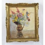 DENYS LAW A still life study of a copper lustre jug of flowers, an Oil on board, signed, 29cm x 24cm