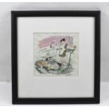 LARRY (TERRY PARKES) "Washing Up", a Cartoon line and wash drawing, signed, 16cm x 16cm in moulded