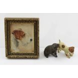 AN EARLY TO MID 20TH CENTURY PAINTED LEAD MODEL TERRIER, 4cm long, a SIMILAR OF A SEATED CAT, and