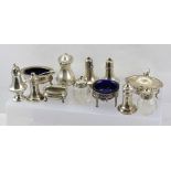 CHARLES TURMAN BURROWS & SONS A GEORGIAN DESIGN SILVER THREE-PIECE CONDIMENT SET, having salt,