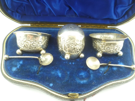 VALE BROTHERS AND SERMAN A LATE VICTORIAN SILVER CRUET SET comprising; two floral swag decorated - Image 2 of 3