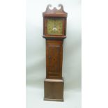 A 19TH CENTURY OAK LONGCASE CLOCK with mahogany banding, swan neck crested top with plain pilaster