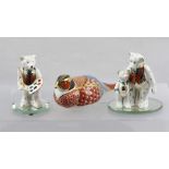 THREE ROYAL CROWN DERBY FIGURES, one pheasant, 18cm wide, and two bears on mirror stands, 9.5cm high