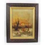 LATE 19TH CENTURY BRITISH SCHOOL "Winter Sunset", a snowy landscape with pollarded willows, a