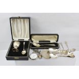 A MID 20TH CENTURY SILVER EGG CUP AND SPOON, cased, Birmingham 1954, together with various silver