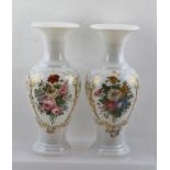 A PAIR OF VICTORIAN BLOWN OPAL GLASS VASES of baluster form, each hand painted with flowers within
