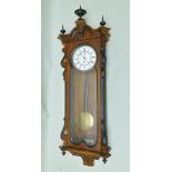 A LATE 19TH CENTURY VIENNESE STYLE MAHOGANY AND EBONISED WALL HANGING TIMEPIECE with turned finial