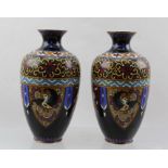 A PAIR OF EARLY 20TH CENTURY CLOISONNE OVIFORM VASES with flared rims, polychrome decorated with