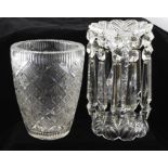 A CUT GLASS LUSTRE, having flared rim suspended with twelve steeple ended droppers, baluster stem on