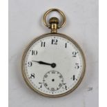 A 9CT GOLD CASED GENTLEMAN'S POCKET WATCH having white enamel dial with Arabic numerals