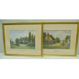 J.W. MILLIKEN Village scenes with figure driving sheep and figures outside a cottage, a pair of