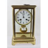 A 19TH CENTURY BRASS CASED FOUR GLASS MANTEL CLOCK with French Japy Freres movement, white enamel