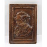 H.E. JACKMAN MC A 20TH CENTURY EMBOSSED LEATHER PANEL PORTRAIT OF CHARLES DICKENS, signed and