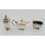 WILLIAM SUCKLING LTD A MID 20TH CENTURY ART DECO DESIGN SILVER THREE PIECE CONDIMENT SET comprising;