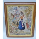 A 19TH CENTURY BERLIN WOOLWORK depicting a Knight and his Queen in a palatial garden, 40cm x 53cm in