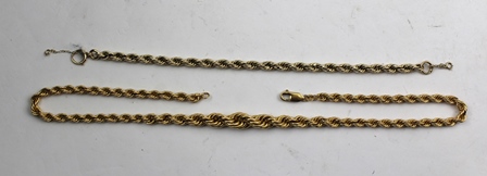 AN 18CT GOLD FANCY ROPE LINK NECKLACE, 45cm long (including clasp), 20g., together with an