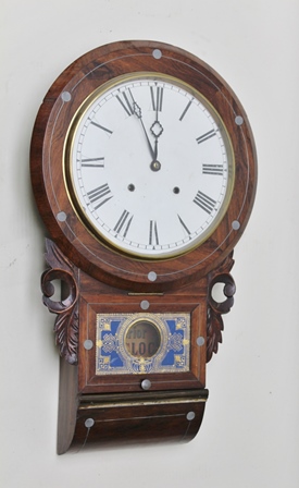 A LATE 19TH CENTURY AMERICAN ROSEWOOD CASED DROP DIAL 8-DAY WALL CLOCK, the 29cm dial with Roman
