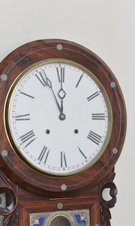 A LATE 19TH CENTURY AMERICAN ROSEWOOD CASED DROP DIAL 8-DAY WALL CLOCK, the 29cm dial with Roman - Image 2 of 4