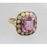 A 9CT KUNZITE AND OPAL CLUSTER RING, stamped "9ct", size P 1/2