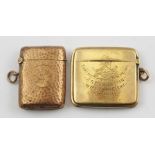 A 9CT GOLD VESTA CASE, inscribed "From the Mayor of Darlington J.G. Harbottle to the Town Clerk