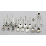 TWO SETS OF LATE 20TH CENTURY SILVER AND ENAMEL COFFEE SPOONS, Birmingham assay, one set with bird