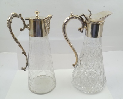 TWO CLARET JUGS with silver plated hinged cover mounts with integral handles, one with cut lead - Image 2 of 5