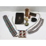 A SELECTION OF COLLECTABLE ITEMS; a collection of beadwork jewellery, a silver mounted wallet, a