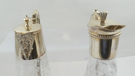 TWO CLARET JUGS with silver plated hinged cover mounts with integral handles, one with cut lead - Image 3 of 5