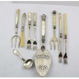 A QUANTITY OF SILVER PLATED TABLE IMPLEMENTS, including; a caddy spoon, butter knife, pie slice, two