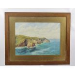 JOHN T. WELLS "Sea Cliffs" with a sailing ship on the horizon, a Watercolour, signed, 27cm x 37cm