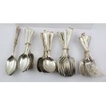 A PART SET OF SILVER PLATED CUTLERY OF ART DECO STYLE, comprising; table forks, dessert forks,