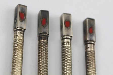 A SET OF FOUR SILVER COLOURED METAL AND ENAMEL BRIDGE SUITE MARKERS, each with a knurled shaft, - Image 4 of 4