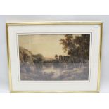 LATE 19TH CENTURY EUROPEAN SCHOOL "Extensive river landscape, sunrise over ruins" Watercolour