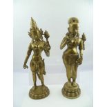 TWO EARLY 20TH CENTURY CAST BRASS FAR EASTERN DEITIES, on decorative Lotus bases, 44.5cm high (2)