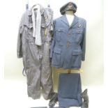 AN RAF UNIFORM, the tunic jacket with navigators patch, complete with cap, flying suit and boots