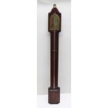 A 19TH/20TH CENTURY MAHOGANY STICK BAROMETER having period brass (previously silvered gauge),