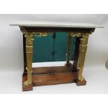 A 19TH CENTURY REGENCY DESIGN ROSEWOOD CONSOLE TABLE, having green marble top with mirror back,