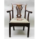 A GEORGIAN MAHOGANY COUNTRY CHIPPENDALE ARMCHAIR, having moustache shaped crest over standard