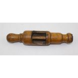 A LATE 19TH CENTURY TREEN TURNED FRUITWOOD WINE BOTTLE CORK INSERTER of turned form with knob