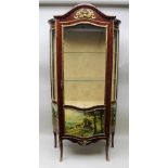 A REPRODUCTION FRENCH DISPLAY CABINET, having stained wood carcase decorated with landscape panels