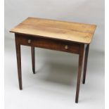 A 19TH CENTURY MAHOGANY SIDE TABLE fitted single drawer with brass knob handles, raised on squared