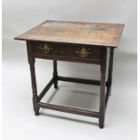 AN 18TH CENTURY OAK SIDE TABLE fitted single drawer with brass swan neck handles, raised on ring