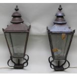 A PAIR OF VICTORIAN DESIGN COPPER FINISHED GATE PILLAR LAMPS in the style of street lamp hoods, of