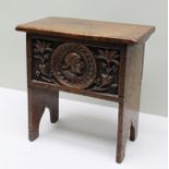 A 17TH CENTURY DESIGN SMALL OAK BOX COFFER OR BOX TOP STOOL, of plank construction, with hinged lid,