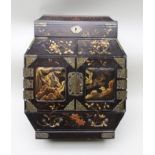 AN EARLY 20TH CENTURY JAPANESE BLACK LACQUER TABLE CABINET, with painted and gilded decoration,