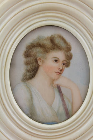 A 19TH CENTURY PORTRAIT MINIATURE, a bust length image of Mrs Willatts, after Romney, a - Image 2 of 4