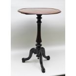 A VICTORIAN MAHOGANY DISH TOP WINE TABLE, on lobed stem and triform scroll toe supports, 52cm